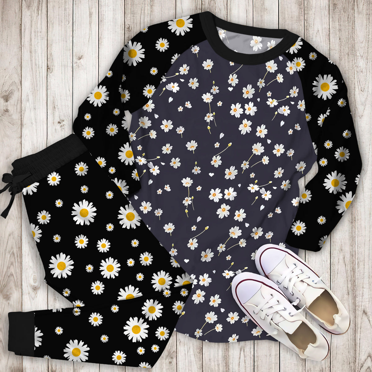 Daisy Flower Pajama Set | Pajamas | Cotton Sleepwear Sets | Soft Long Sleeve Pjs | Raglan Shirt and Pants Set