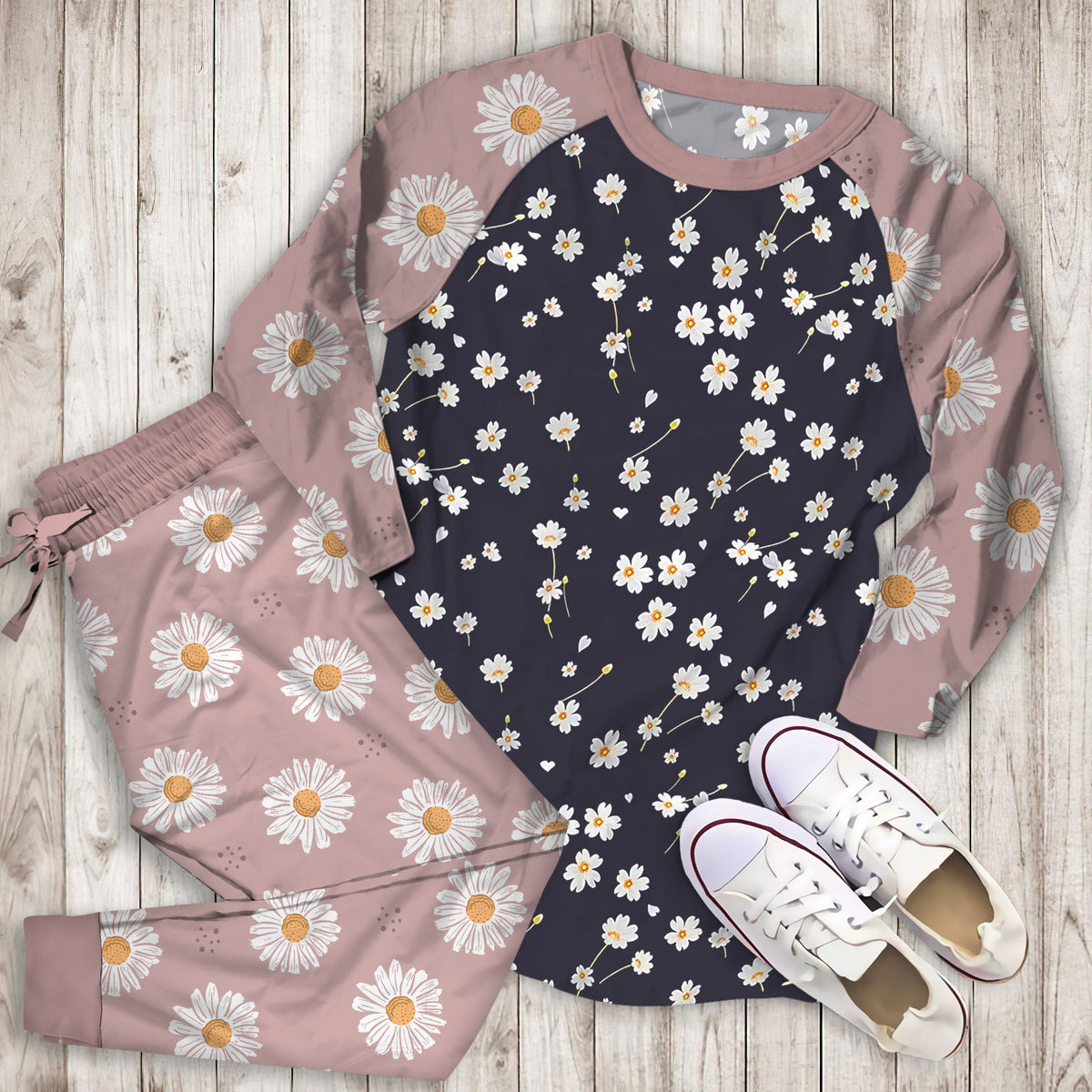 Daisy Flower Pajama Set | Pajamas | Cotton Sleepwear Sets | Soft Long Sleeve Pjs | Raglan Shirt and Pants Set