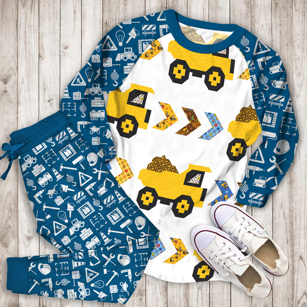 Construction Truck Pajama Set | Pajamas | Cotton Sleepwear Sets | Soft Long Sleeve Pjs | Raglan Shirt and Pants Set