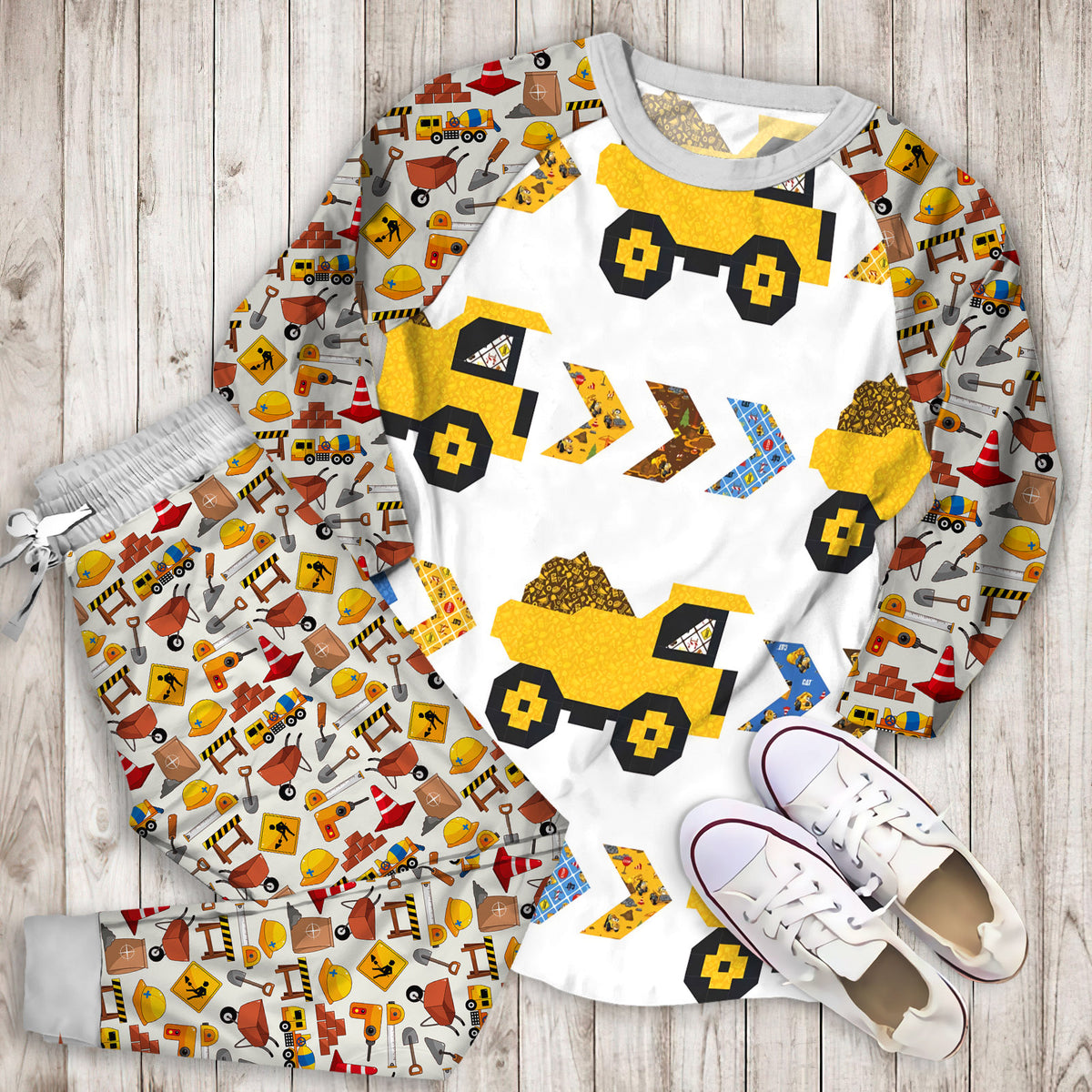 Construction Truck Pajama Set | Pajamas | Cotton Sleepwear Sets | Soft Long Sleeve Pjs | Raglan Shirt and Pants Set