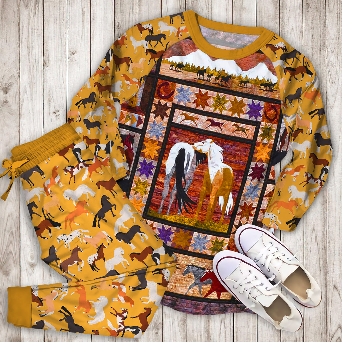 Horses Pajama Set | Pajamas | Cotton Sleepwear Sets | Soft Long Sleeve Pjs | Raglan Shirt and Pants Set