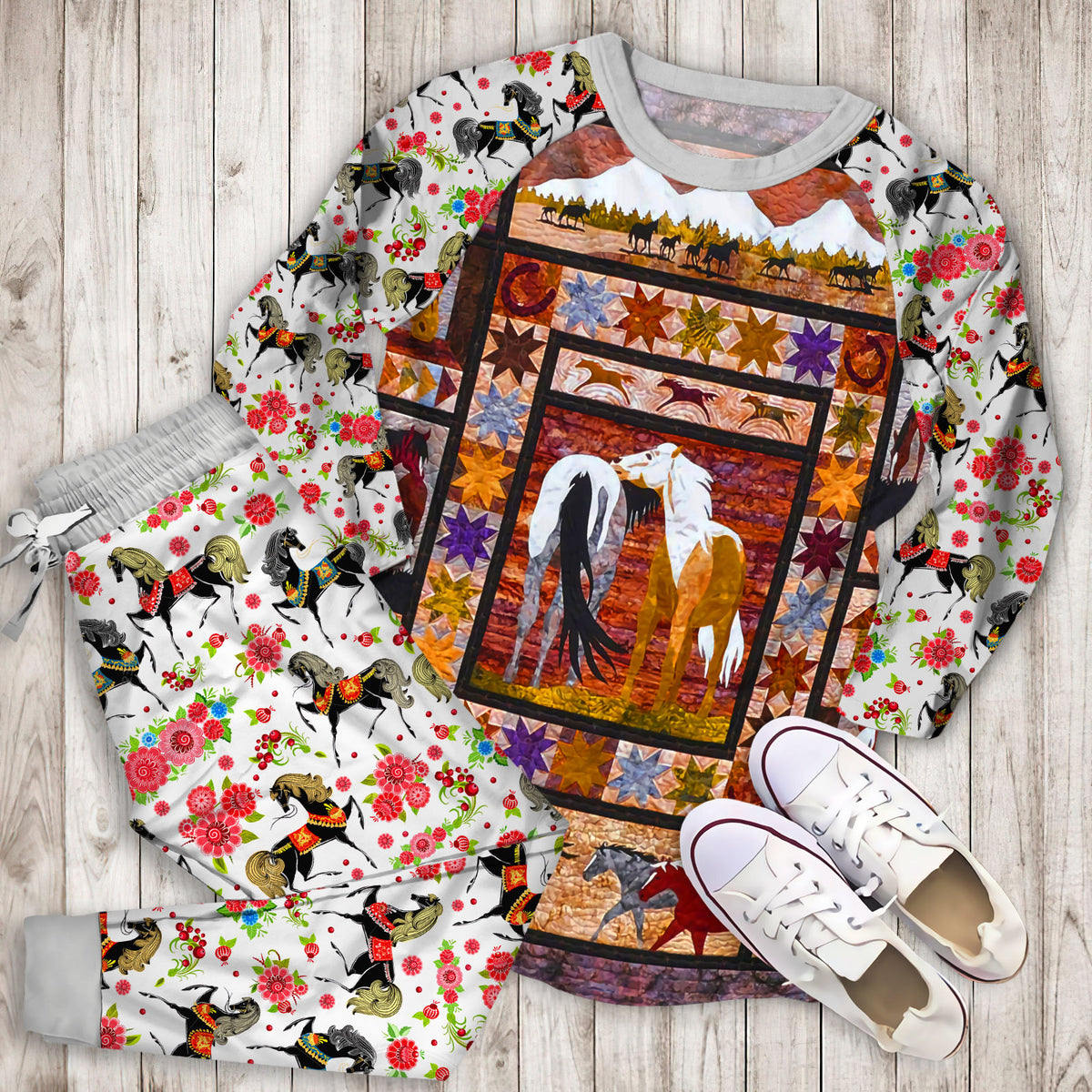 Horses Pajama Set | Pajamas | Cotton Sleepwear Sets | Soft Long Sleeve Pjs | Raglan Shirt and Pants Set
