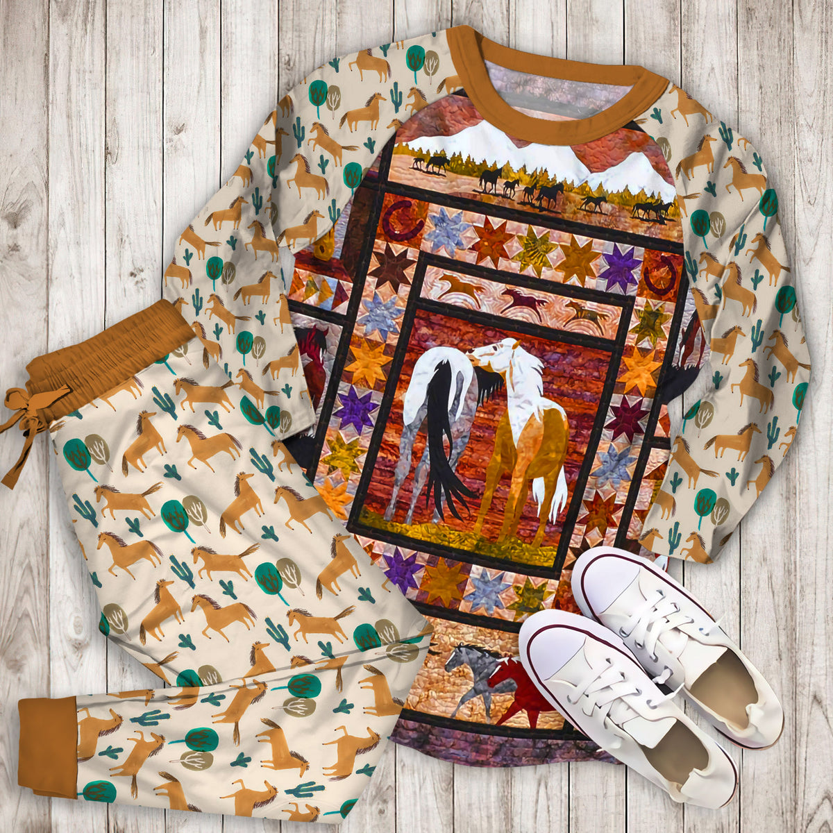 Horses Pajama Set | Pajamas | Cotton Sleepwear Sets | Soft Long Sleeve Pjs | Raglan Shirt and Pants Set
