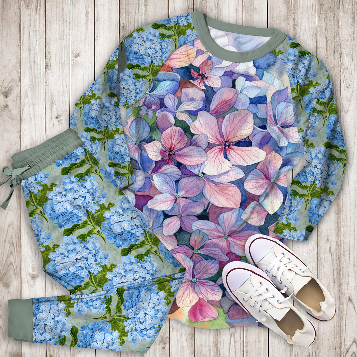 Hydrangea Flower Pajama Set |Sleepwear Pjs Sets | Raglan Shirt Pants Set