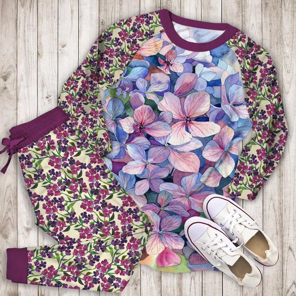 Hydrangea Flower Pajama Set |Sleepwear Pjs Sets | Raglan Shirt Pants Set