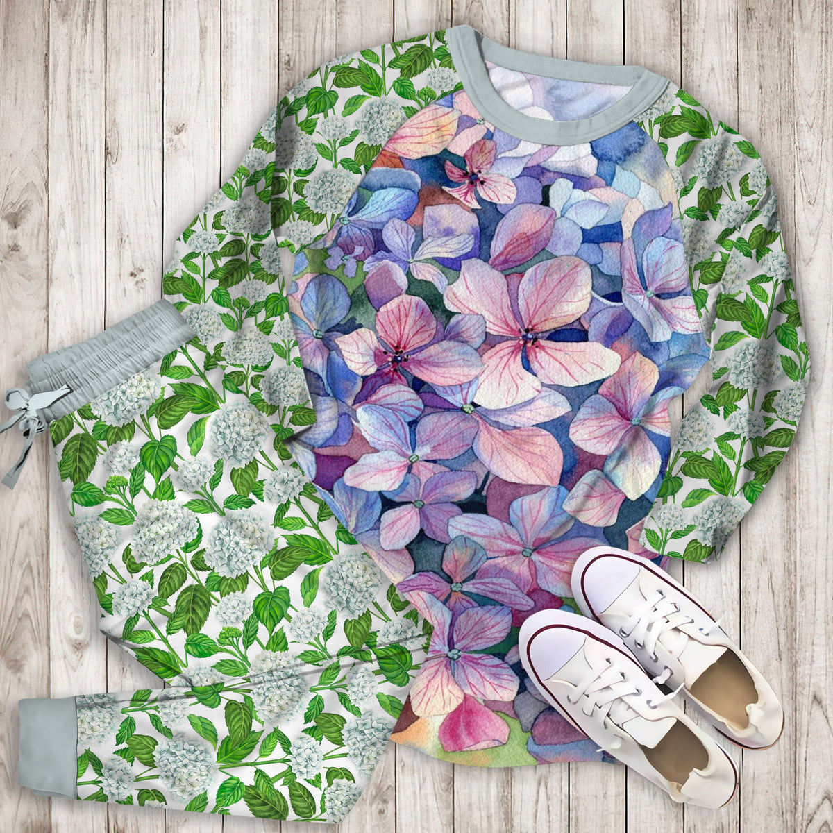 Hydrangea Flower Pajama Set |Sleepwear Pjs Sets | Raglan Shirt Pants Set