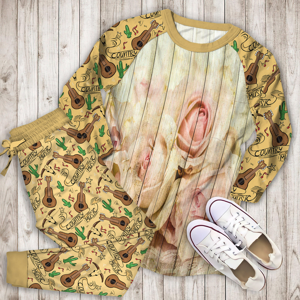 Shabby Chic Country Floral Rose Wood Pajama Set | Pajamas | Cotton Sleepwear Sets | Soft Long Sleeve Pjs | Raglan Shirt and Pants Set