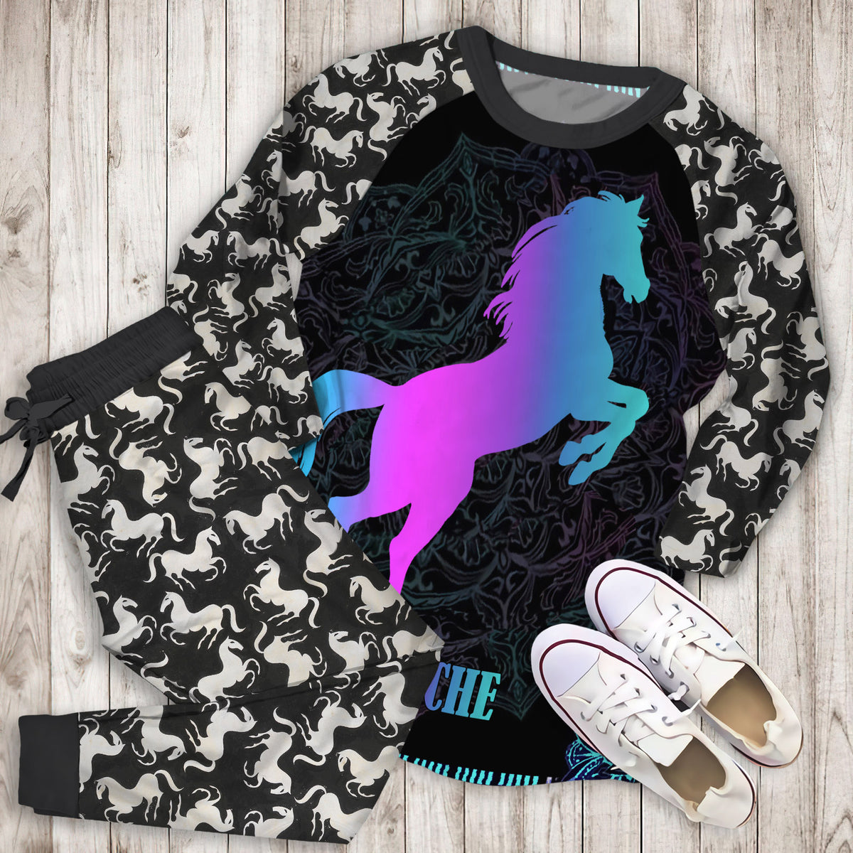 Purple Horse Personalized Name Pajama Set |Sleepwear Pjs Sets | Raglan Shirt Pants Set