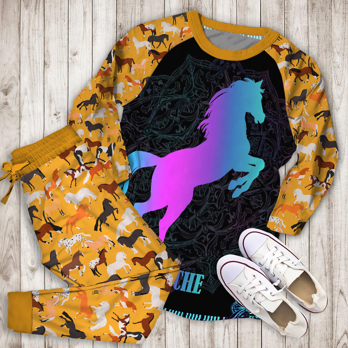 Purple Horse Personalized Name Pajama Set |Sleepwear Pjs Sets | Raglan Shirt Pants Set