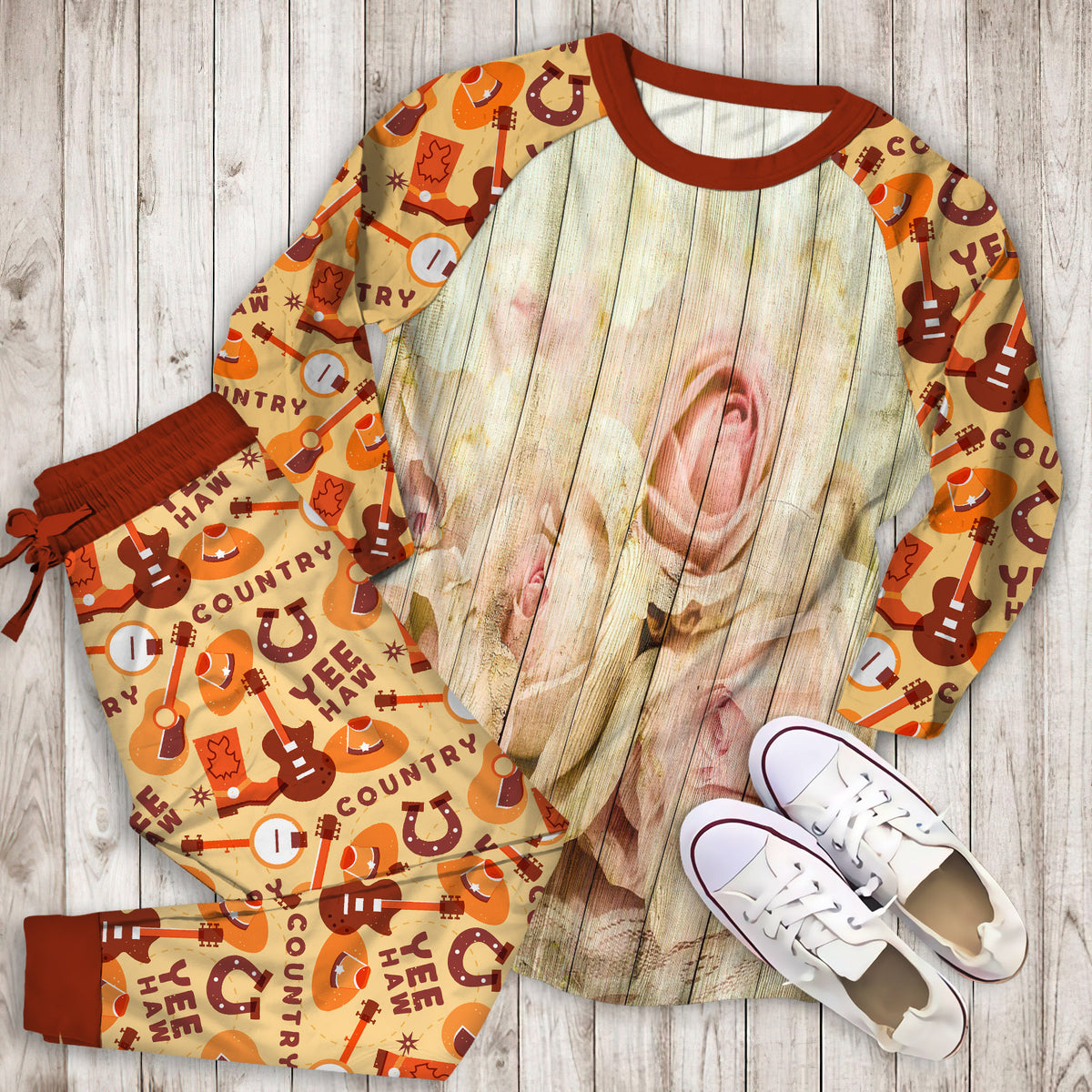 Shabby Chic Country Floral Rose Wood Pajama Set | Pajamas | Cotton Sleepwear Sets | Soft Long Sleeve Pjs | Raglan Shirt and Pants Set