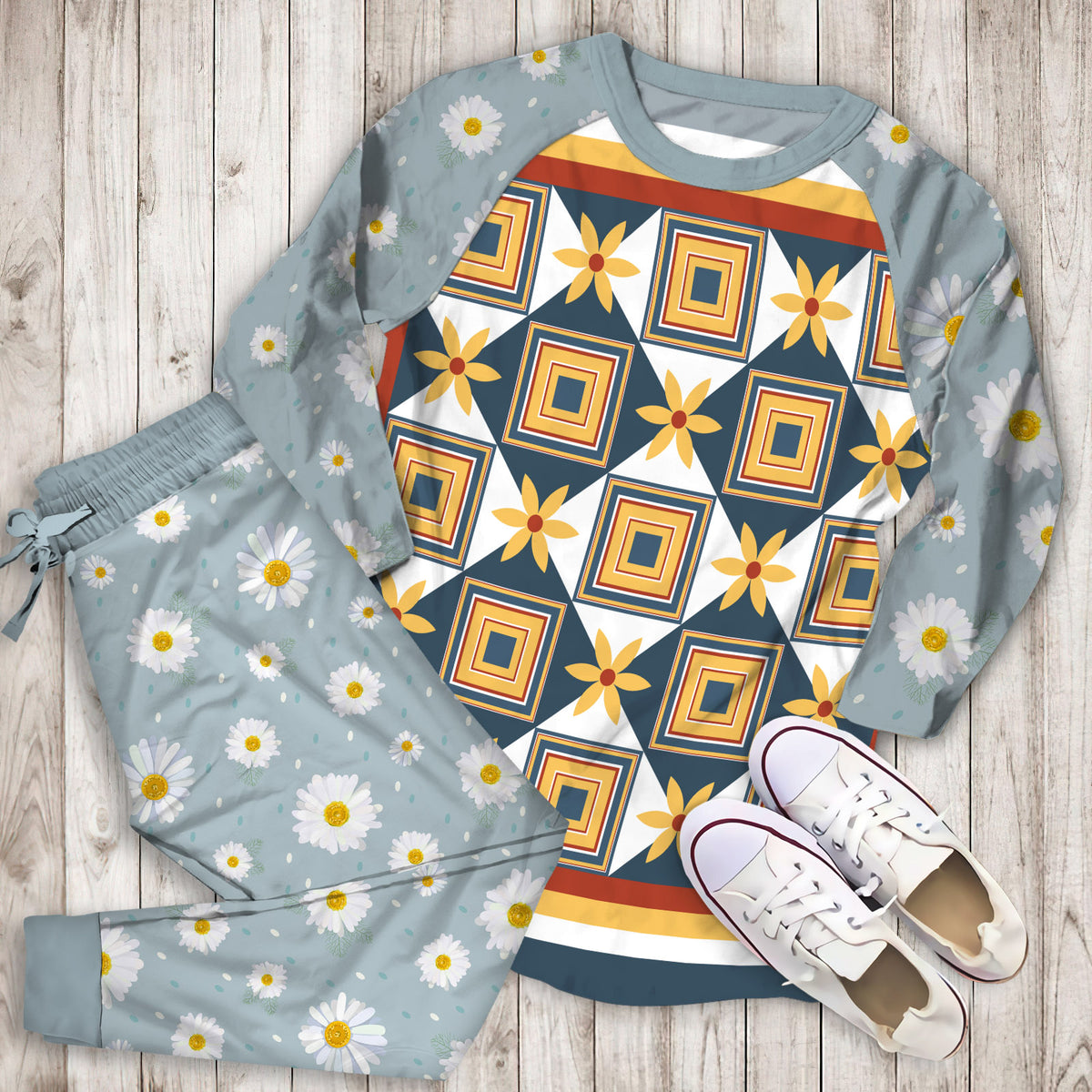 Yellow Daisy Flower Pajama Set | Pajamas | Cotton Sleepwear Sets | Soft Long Sleeve Pjs | Raglan Shirt and Pants Set