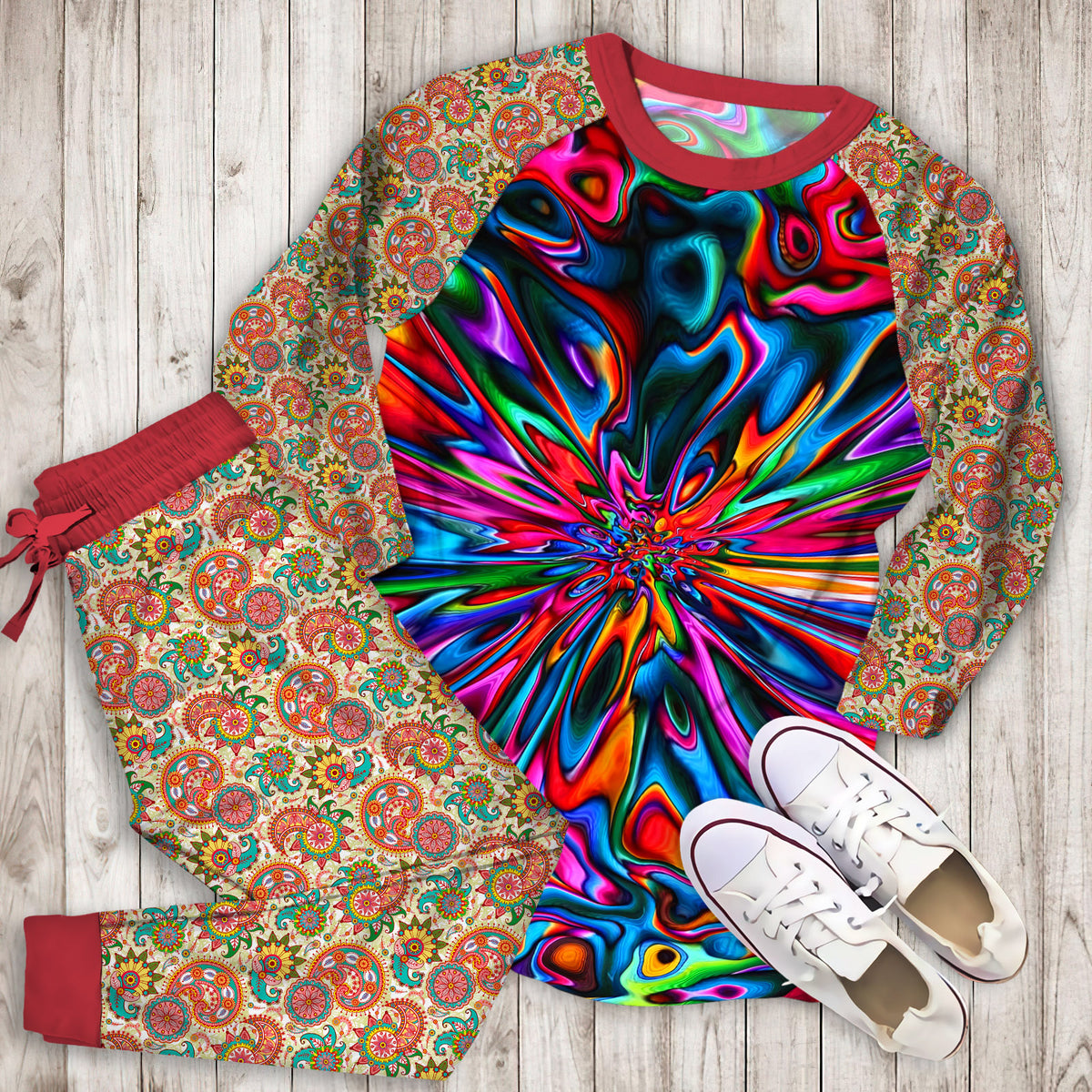 Hippie Color Pajama Set | Pajamas | Cotton Sleepwear Sets | Soft Long Sleeve Pjs | Raglan Shirt and Pants Set