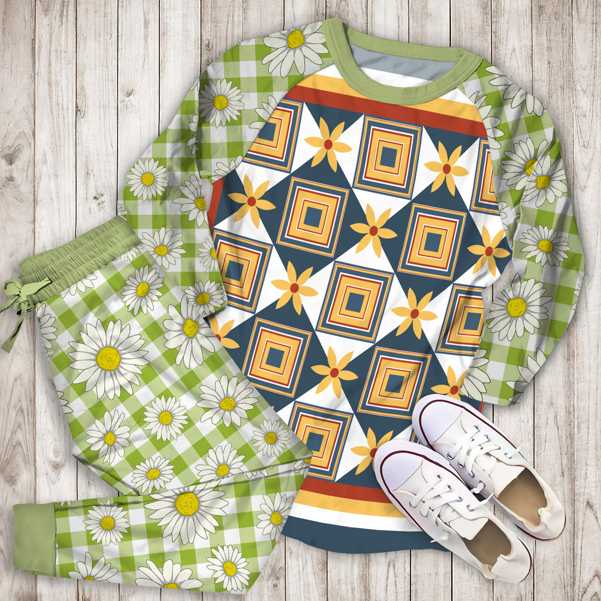 Yellow Daisy Flower Pajama Set | Pajamas | Cotton Sleepwear Sets | Soft Long Sleeve Pjs | Raglan Shirt and Pants Set