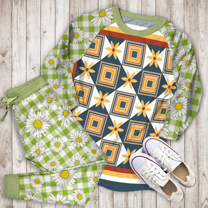 Yellow Daisy Flower Pajama Set | Pajamas | Cotton Sleepwear Sets | Soft Long Sleeve Pjs | Raglan Shirt and Pants Set