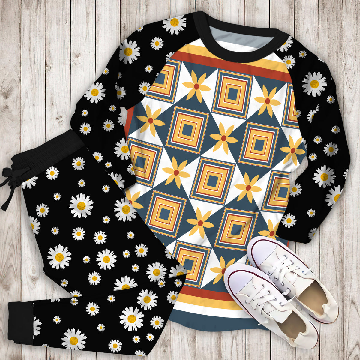 Yellow Daisy Flower Pajama Set | Pajamas | Cotton Sleepwear Sets | Soft Long Sleeve Pjs | Raglan Shirt and Pants Set