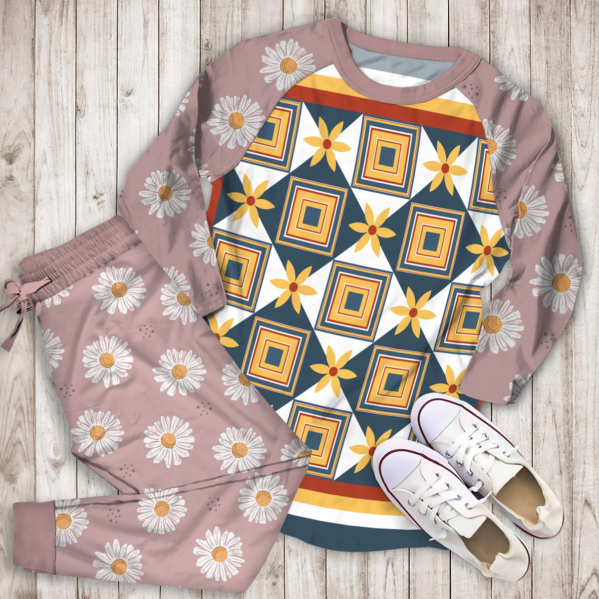 Yellow Daisy Flower Pajama Set | Pajamas | Cotton Sleepwear Sets | Soft Long Sleeve Pjs | Raglan Shirt and Pants Set