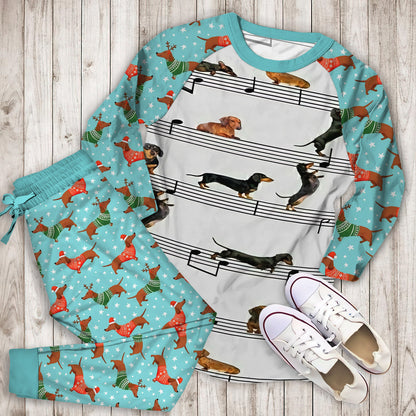 Dachshund Music Pajama Set | Pajamas | Cotton Sleepwear Sets | Soft Long Sleeve Pjs | Raglan Shirt and Pants Set