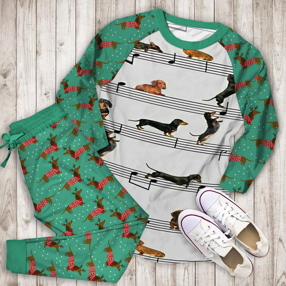 Dachshund Music Pajama Set | Pajamas | Cotton Sleepwear Sets | Soft Long Sleeve Pjs | Raglan Shirt and Pants Set