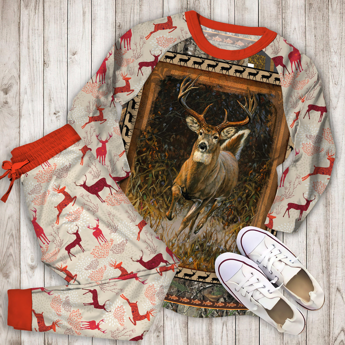 Whitetail Deer Pajama Set | Pajamas | Cotton Sleepwear Sets | Soft Long Sleeve Pjs | Raglan Shirt and Pants Set
