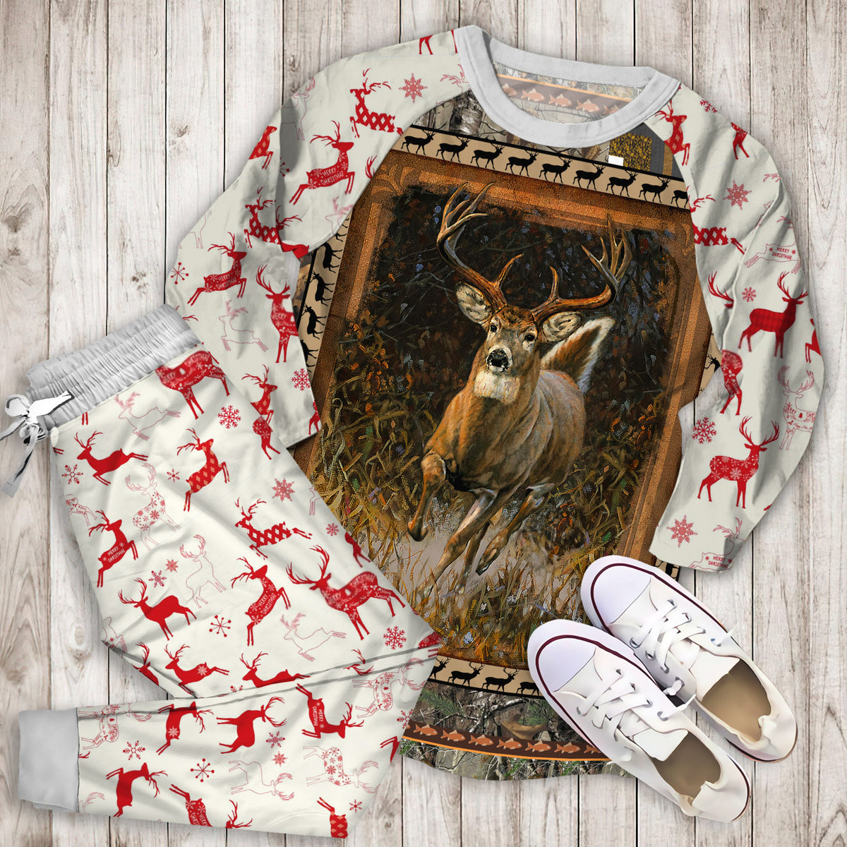 Whitetail Deer Pajama Set | Pajamas | Cotton Sleepwear Sets | Soft Long Sleeve Pjs | Raglan Shirt and Pants Set
