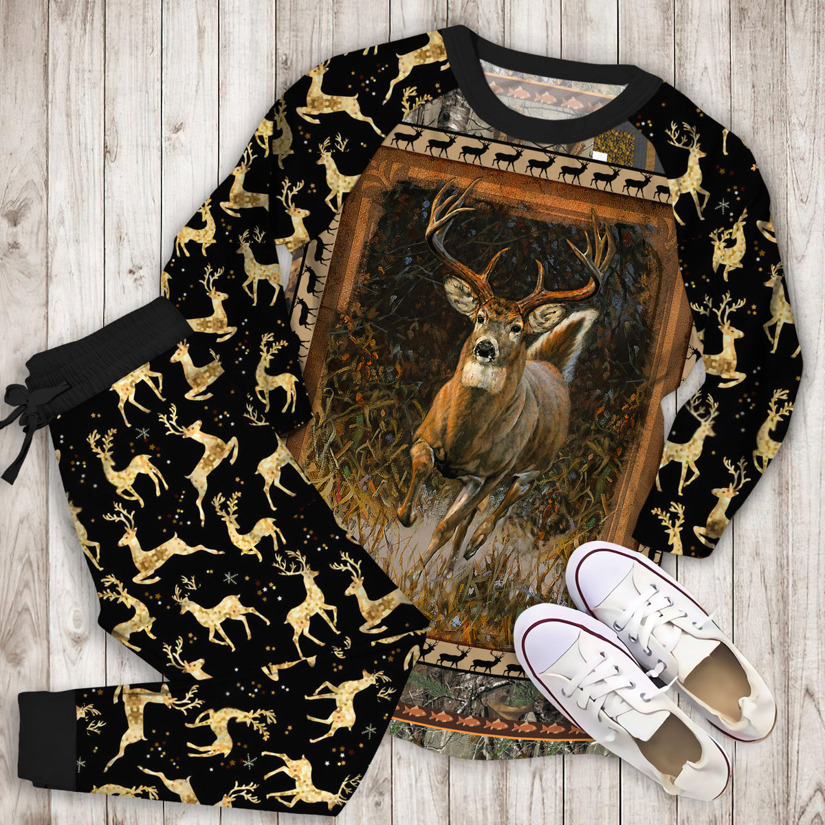 Whitetail Deer Pajama Set | Pajamas | Cotton Sleepwear Sets | Soft Long Sleeve Pjs | Raglan Shirt and Pants Set