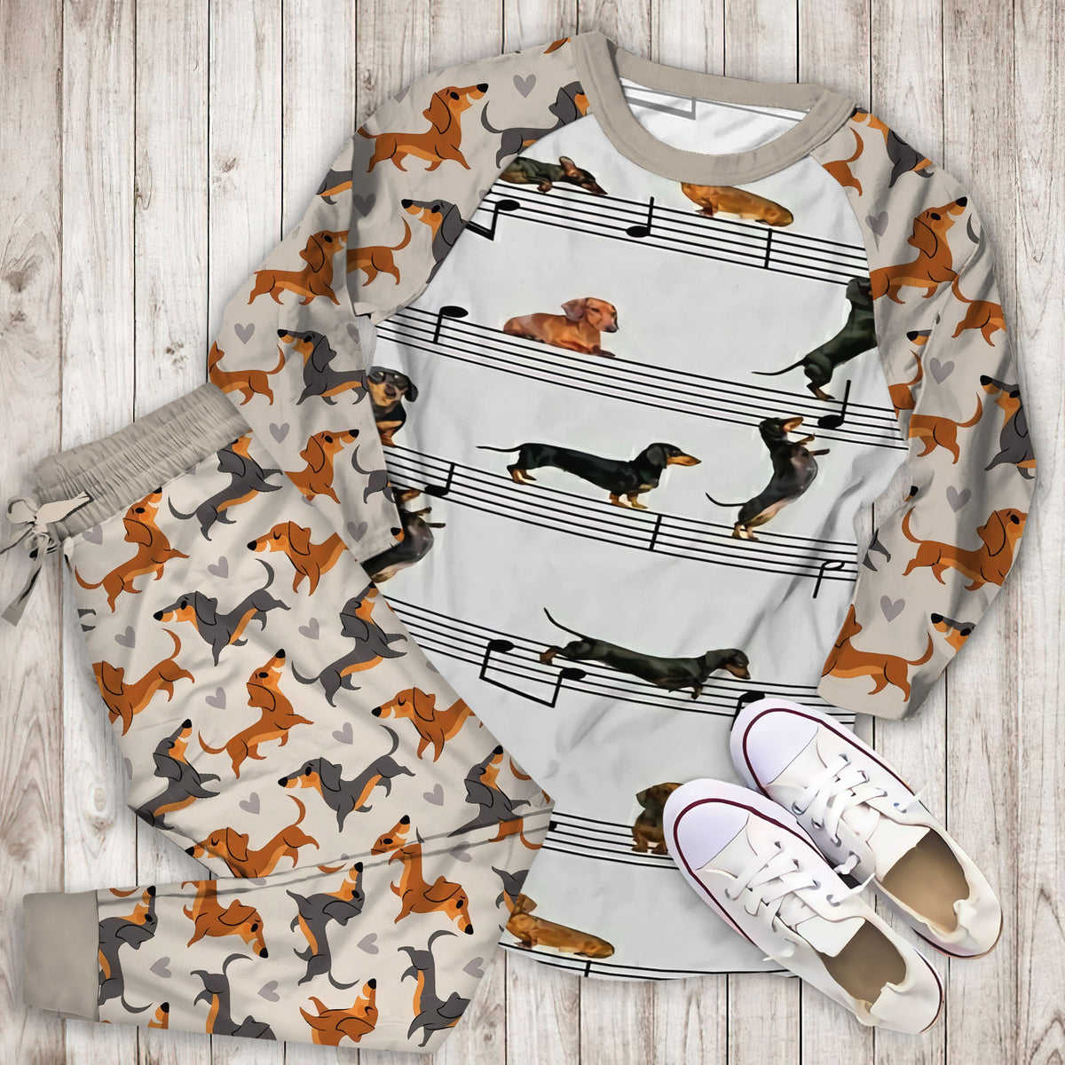 Dachshund Music Pajama Set | Pajamas | Cotton Sleepwear Sets | Soft Long Sleeve Pjs | Raglan Shirt and Pants Set