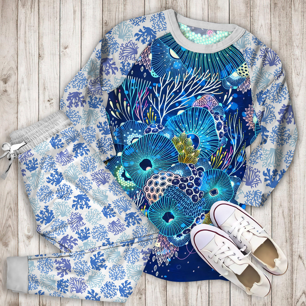 Coral Reef Pajama Set | Pajamas | Cotton Sleepwear Sets | Soft Long Sleeve Pjs | Raglan Shirt and Pants Set