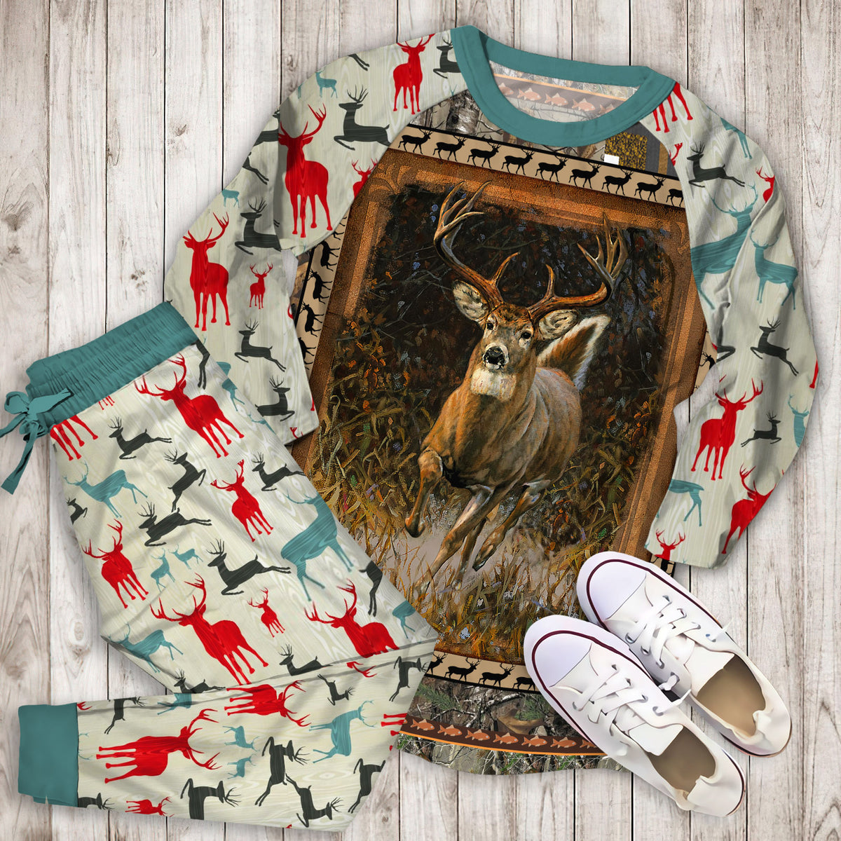 Whitetail Deer Pajama Set | Pajamas | Cotton Sleepwear Sets | Soft Long Sleeve Pjs | Raglan Shirt and Pants Set