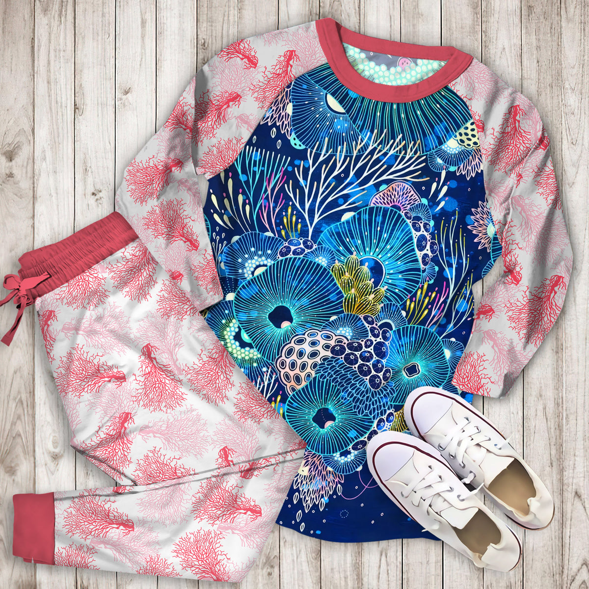 Coral Reef Pajama Set | Pajamas | Cotton Sleepwear Sets | Soft Long Sleeve Pjs | Raglan Shirt and Pants Set