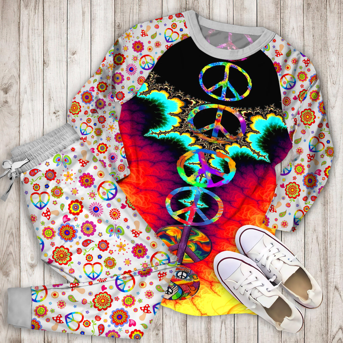 Hippie Pajama Set | Pajamas | Cotton Sleepwear Sets | Soft Long Sleeve Pjs | Raglan Shirt and Pants Set