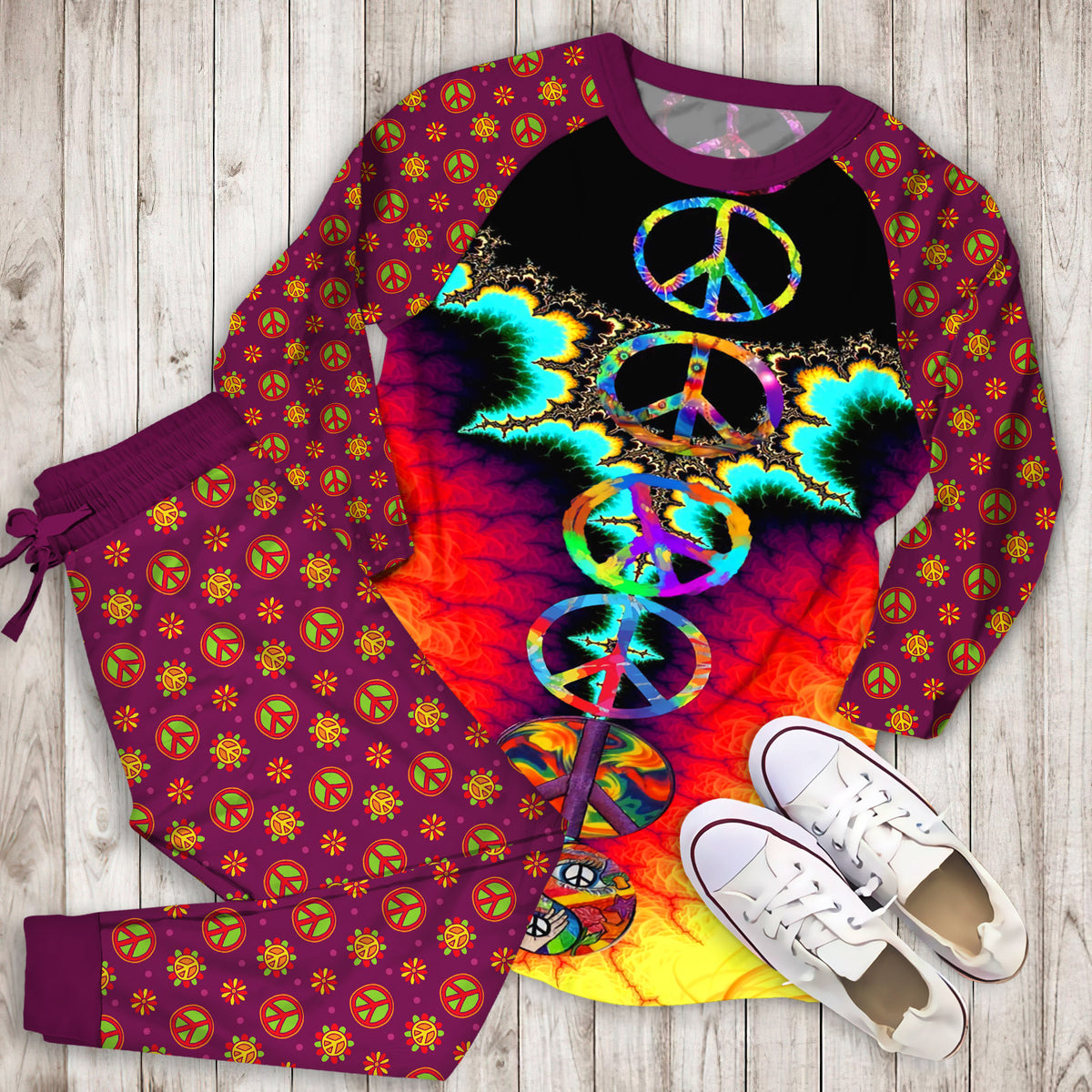 Hippie Pajama Set | Pajamas | Cotton Sleepwear Sets | Soft Long Sleeve Pjs | Raglan Shirt and Pants Set