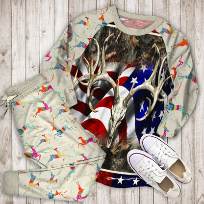 Deer Skull Hunting Flag Pajama Set | Pajamas | Cotton Sleepwear Sets | Soft Long Sleeve Pjs | Raglan Shirt and Pants Set