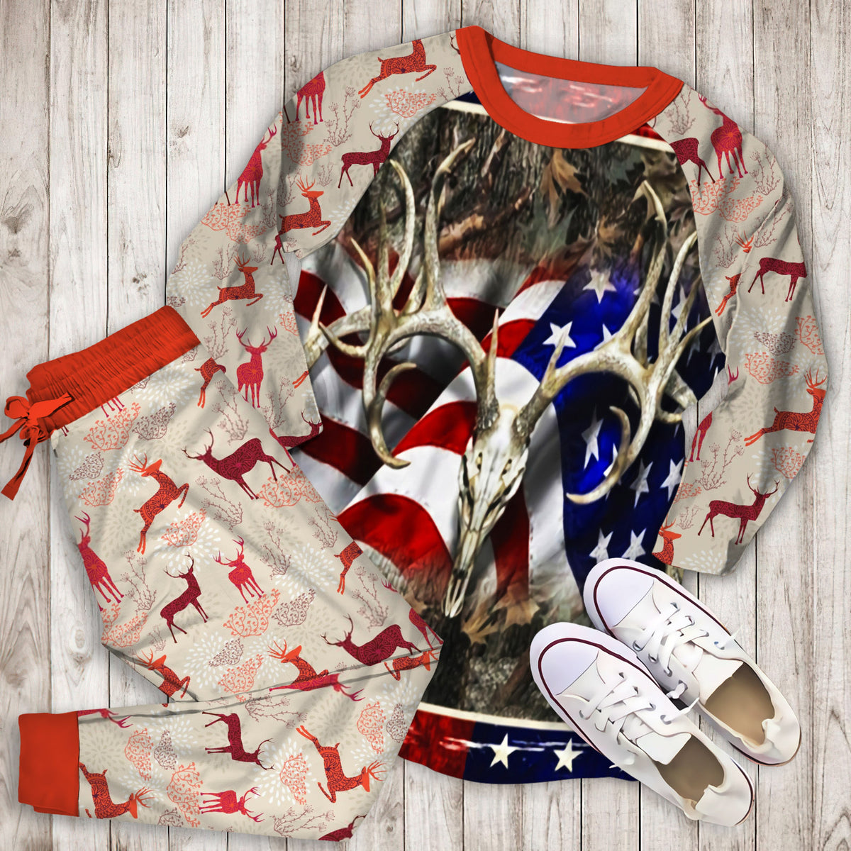 Deer Skull Hunting Flag Pajama Set | Pajamas | Cotton Sleepwear Sets | Soft Long Sleeve Pjs | Raglan Shirt and Pants Set