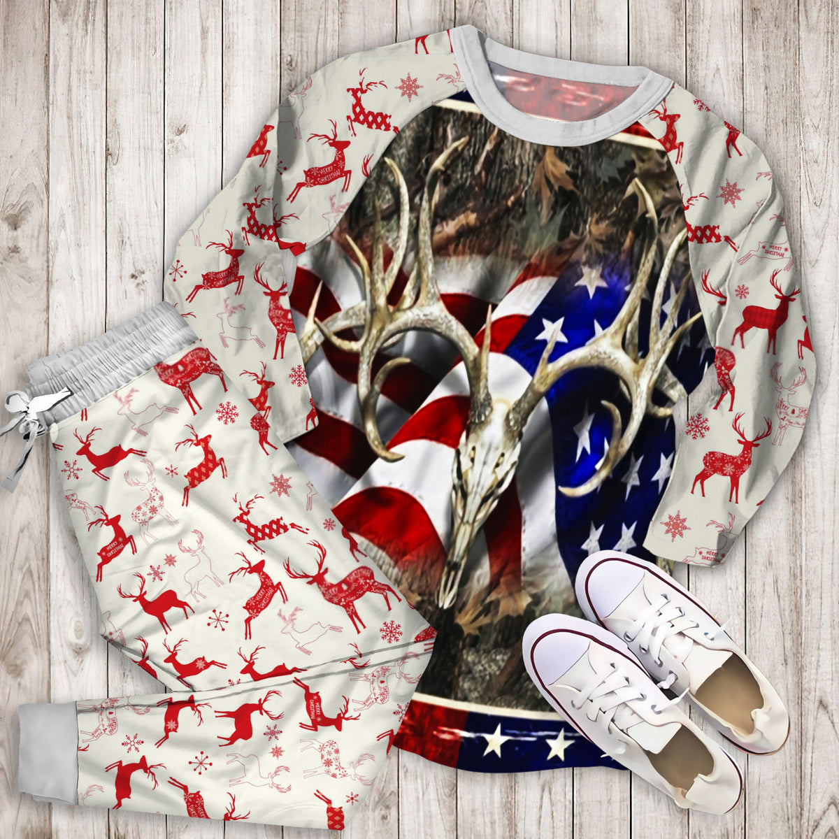 Deer Skull Hunting Flag Pajama Set | Pajamas | Cotton Sleepwear Sets | Soft Long Sleeve Pjs | Raglan Shirt and Pants Set
