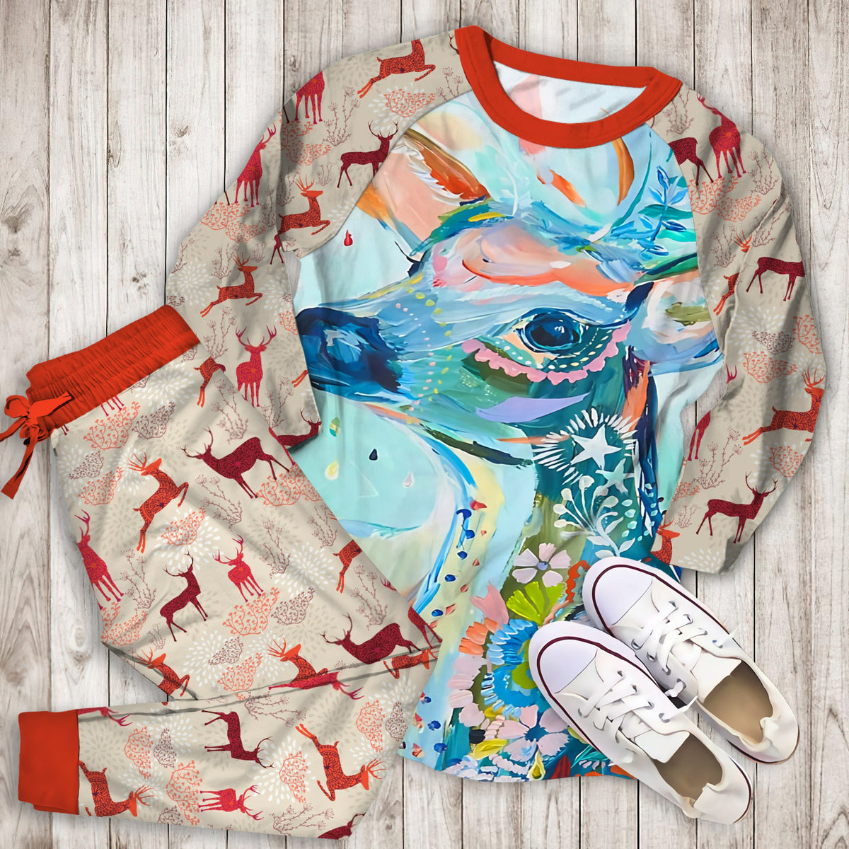Deer Pajama Set | Pajamas | Cotton Sleepwear Sets | Soft Long Sleeve Pjs | Raglan Shirt and Pants Set