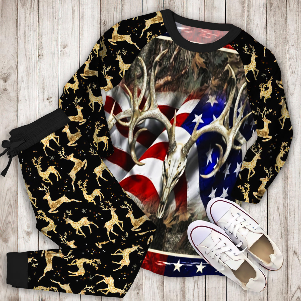 Deer Skull Hunting Flag Pajama Set | Pajamas | Cotton Sleepwear Sets | Soft Long Sleeve Pjs | Raglan Shirt and Pants Set