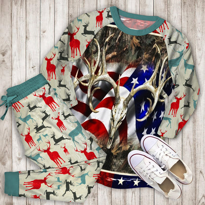 Deer Skull Hunting Flag Pajama Set | Pajamas | Cotton Sleepwear Sets | Soft Long Sleeve Pjs | Raglan Shirt and Pants Set