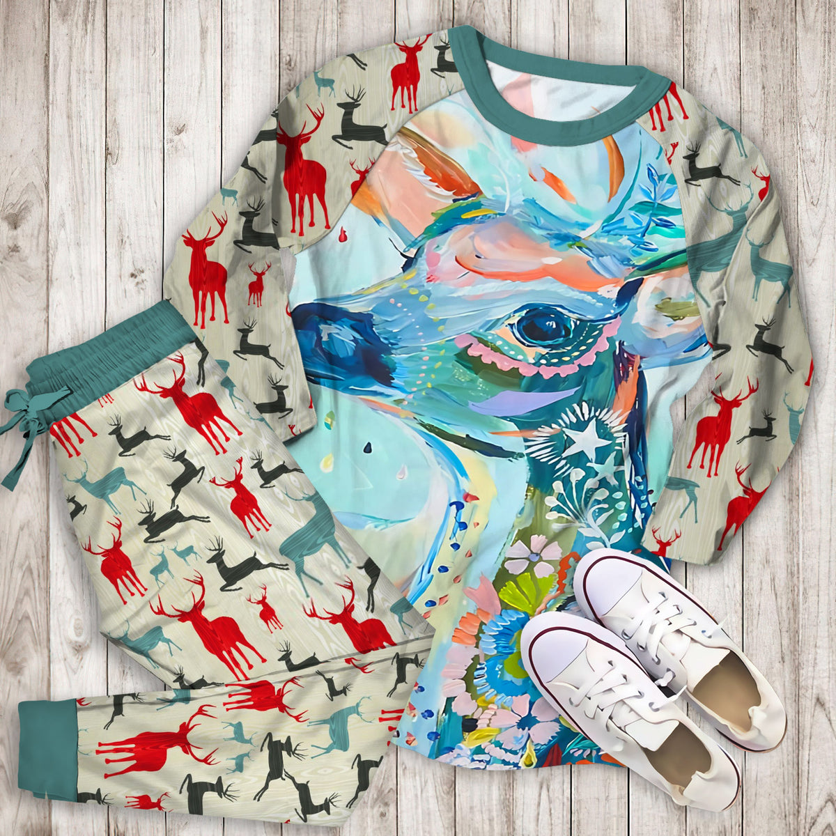 Deer Pajama Set | Pajamas | Cotton Sleepwear Sets | Soft Long Sleeve Pjs | Raglan Shirt and Pants Set