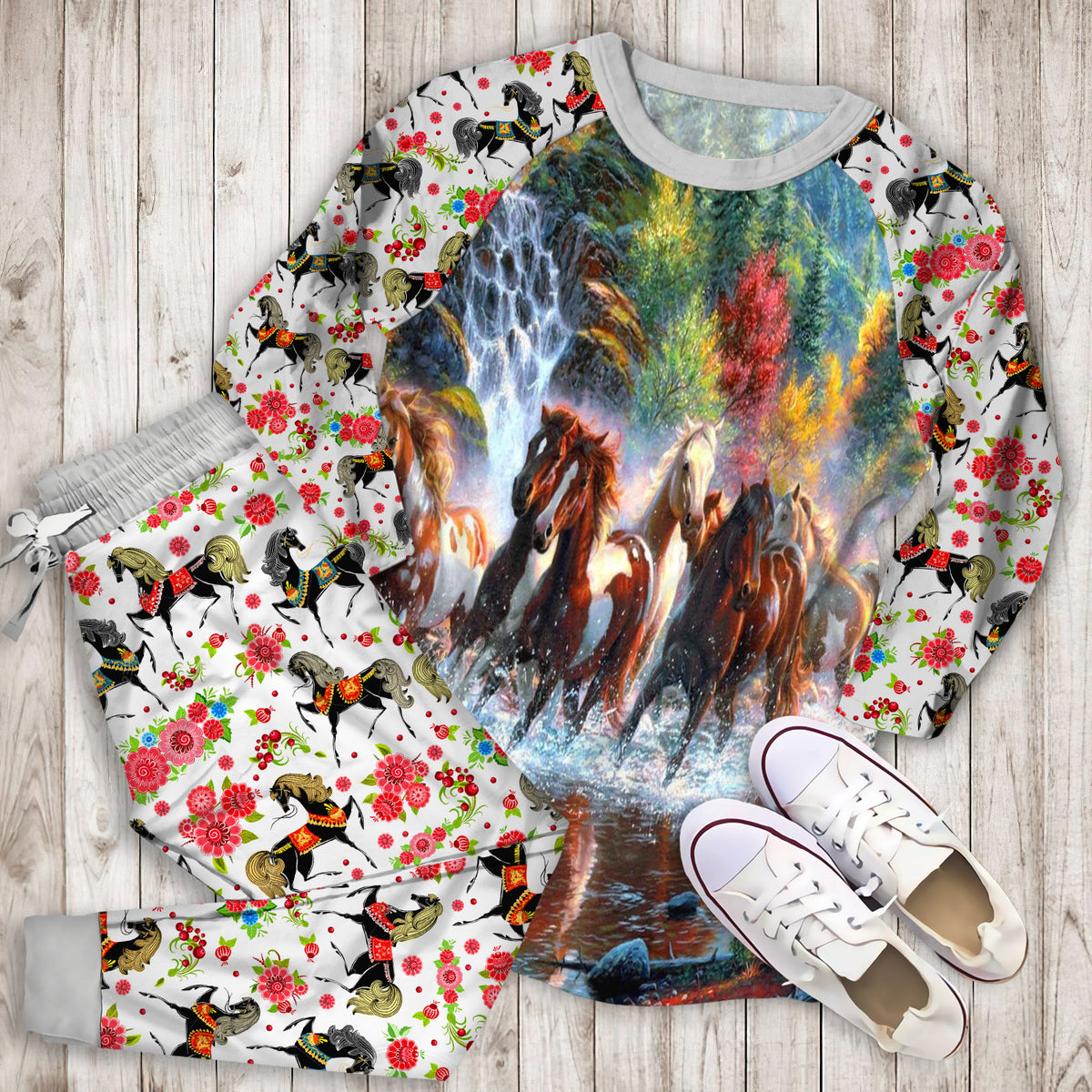 Horse Pajama Set |Sleepwear Pjs Sets | Raglan Shirt Pants Set