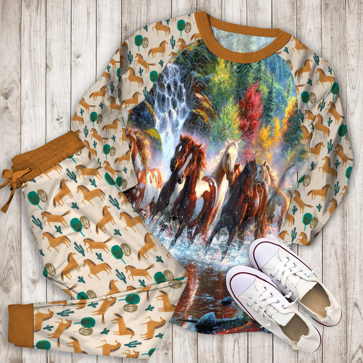 Horse Pajama Set |Sleepwear Pjs Sets | Raglan Shirt Pants Set