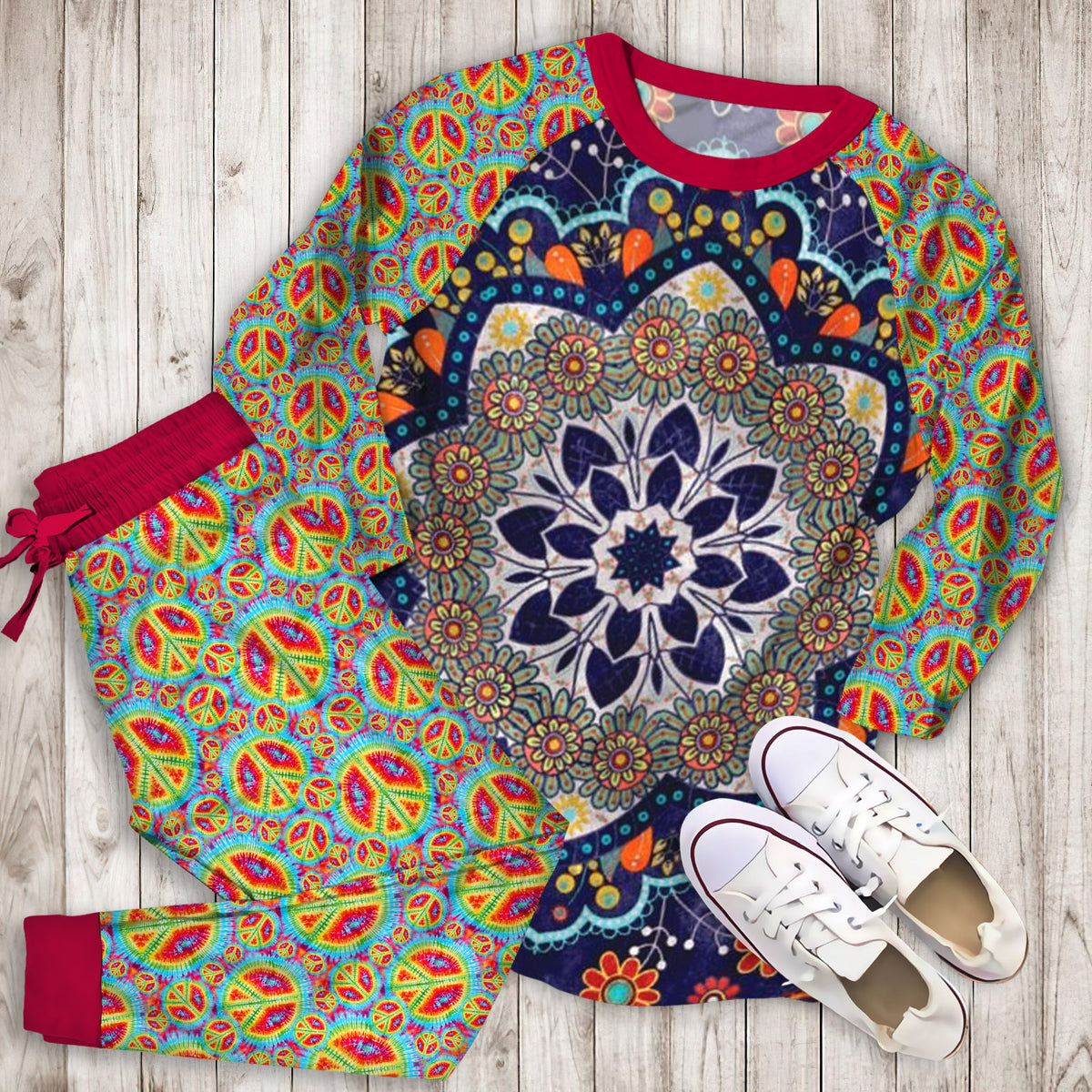 Hippie Beautiful Ethnic Mandala Pajama Set |Sleepwear Pjs Sets | Raglan Shirt Pants Set