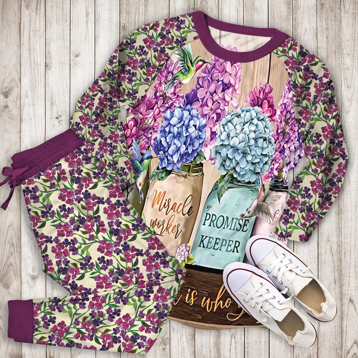 Hydrangeas Flower Pajama Set |Sleepwear Pjs Sets | Raglan Shirt Pants Set