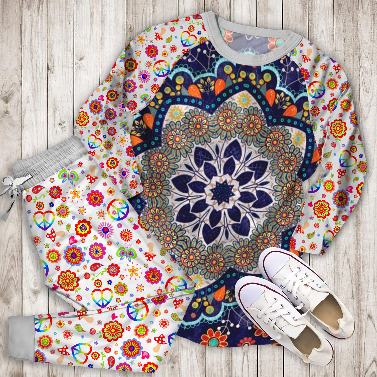 Hippie Beautiful Ethnic Mandala Pajama Set |Sleepwear Pjs Sets | Raglan Shirt Pants Set