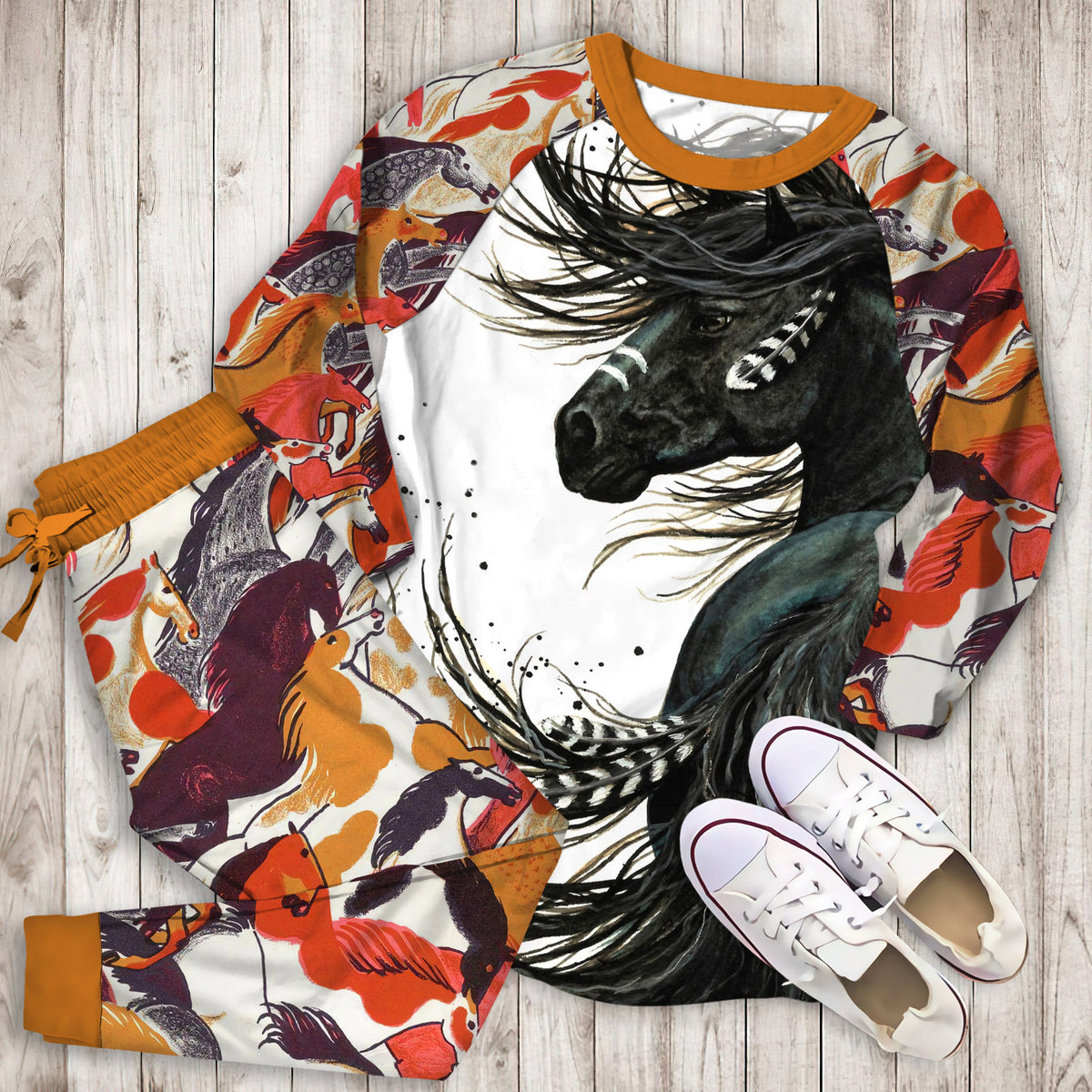 Black Horse Pajama Set | Pajamas | Cotton Sleepwear Sets | Soft Long Sleeve Pjs | Raglan Shirt and Pants Set