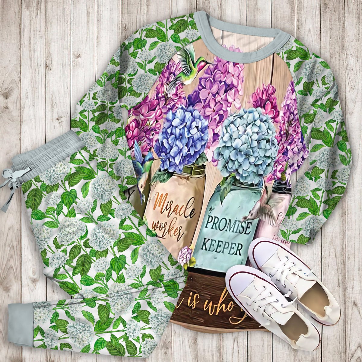 Hydrangeas Flower Pajama Set |Sleepwear Pjs Sets | Raglan Shirt Pants Set