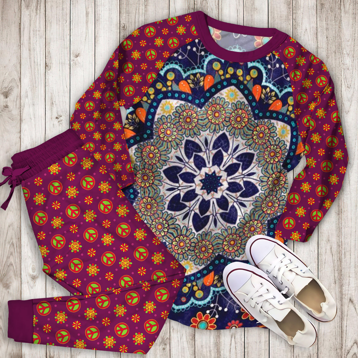 Hippie Beautiful Ethnic Mandala Pajama Set |Sleepwear Pjs Sets | Raglan Shirt Pants Set