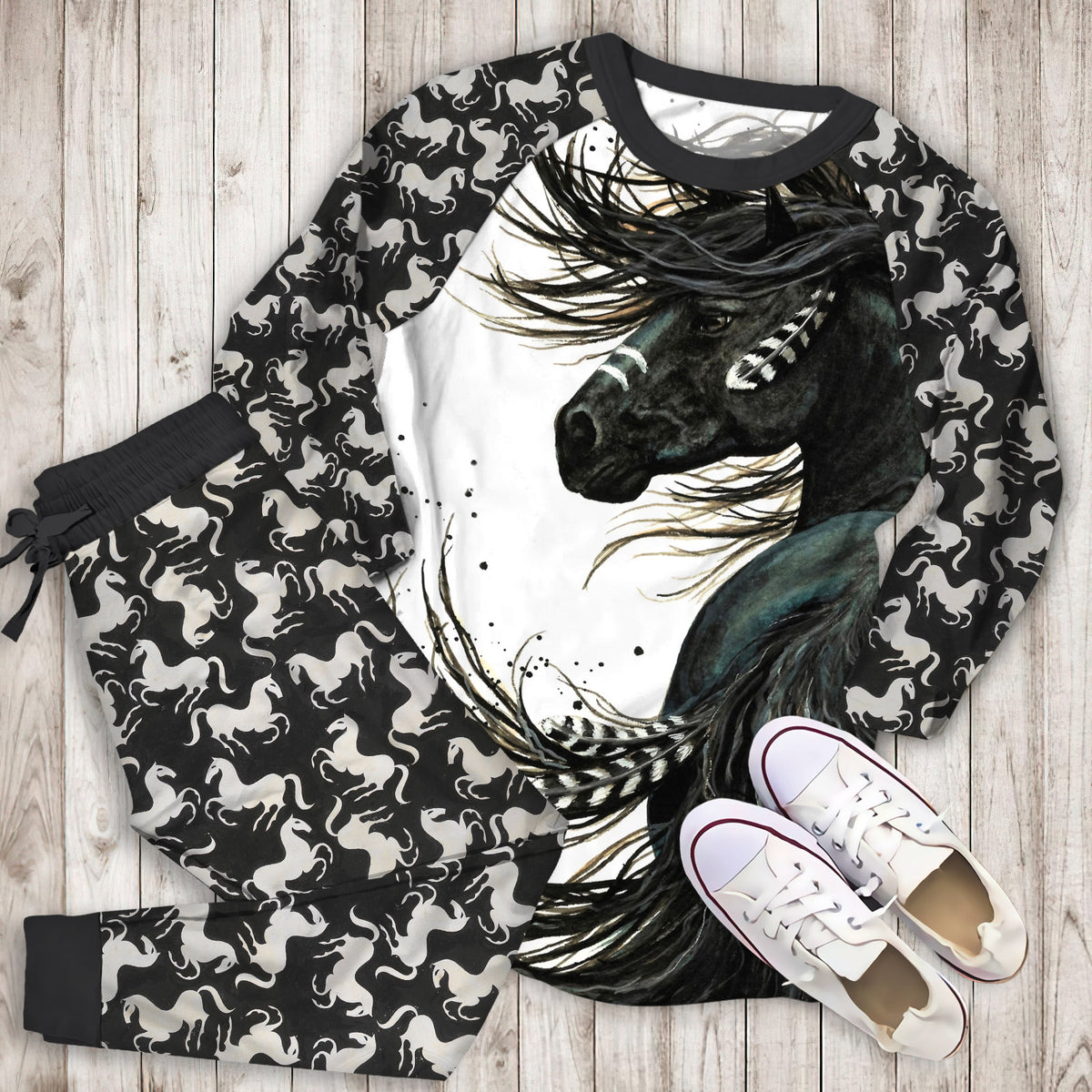 Black Horse Pajama Set | Pajamas | Cotton Sleepwear Sets | Soft Long Sleeve Pjs | Raglan Shirt and Pants Set