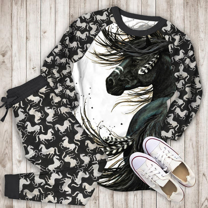 Black Horse Pajama Set | Pajamas | Cotton Sleepwear Sets | Soft Long Sleeve Pjs | Raglan Shirt and Pants Set