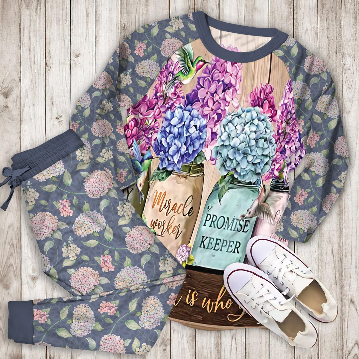 Hydrangeas Flower Pajama Set |Sleepwear Pjs Sets | Raglan Shirt Pants Set