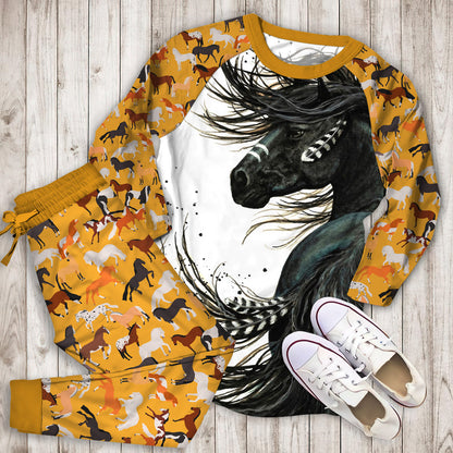 Black Horse Pajama Set | Pajamas | Cotton Sleepwear Sets | Soft Long Sleeve Pjs | Raglan Shirt and Pants Set